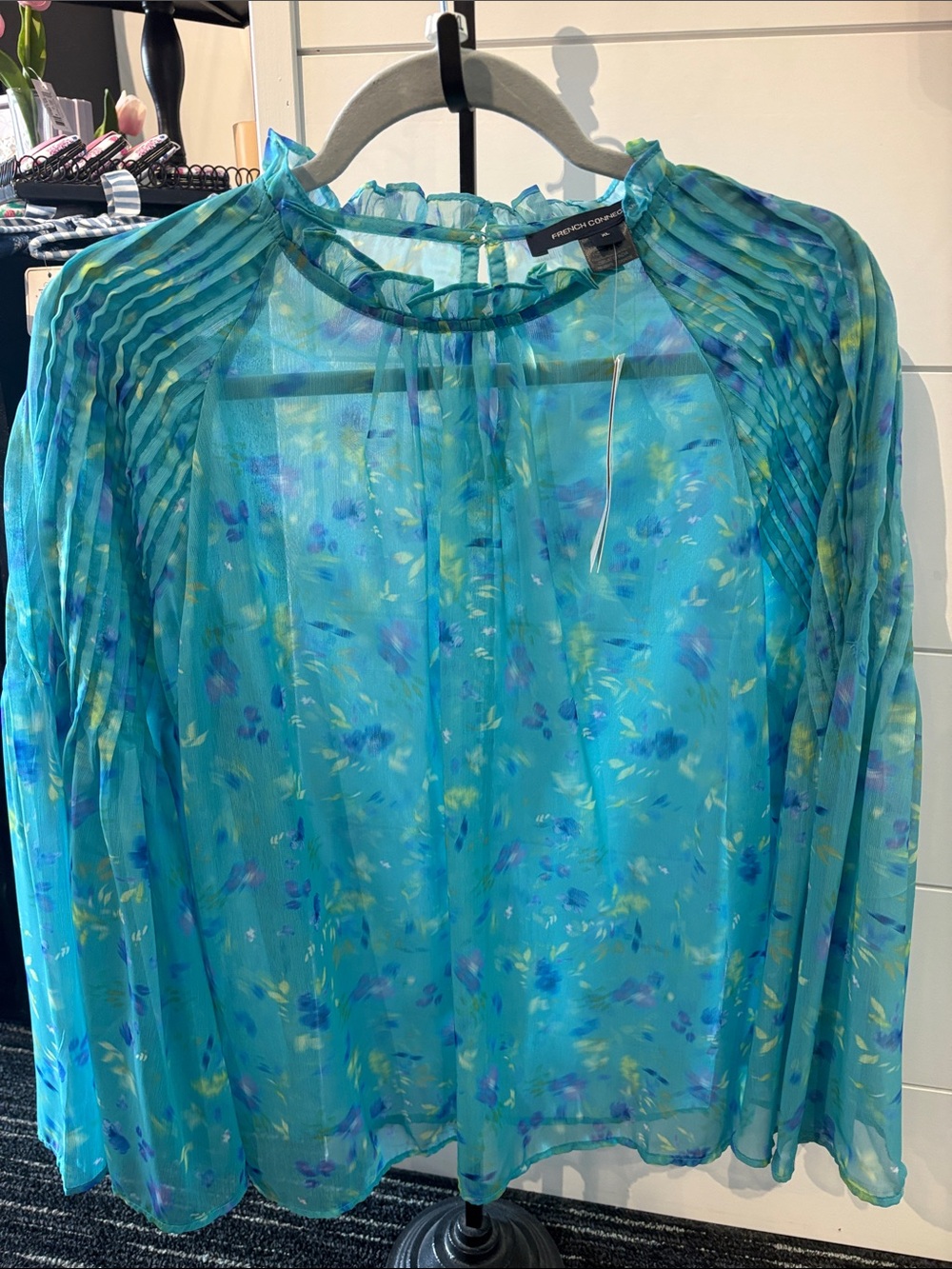 French Connection Turquoise Floral Sheer Blouse